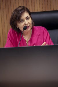 Foto da deputada Simone Santana falando ao microfone.