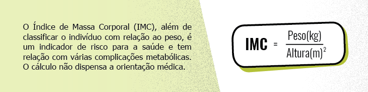 Infográfico ensina a calcular o Índice de Massa Corporal (IMC) a partir da fórmula peso (em quilogramas) dividido pelo quadrado da altura (em metros).