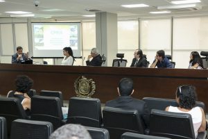 Foto aberta do auditório Ênio Guerra, na Alepe, durante audiência da Comissão de Meio Ambiente, mostrando pessoas sentadas de costas e autoridades na mesa principal.