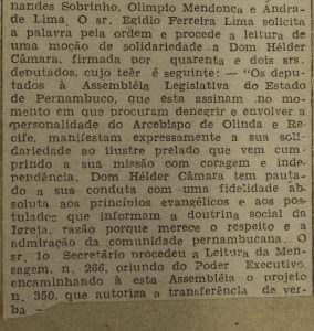 APOIO - Trecho da ata da 80ª Reunião Extraordinária, realizada em 13 de junho de 1968, registrando moção de solidariedade do deputado Egídio Ferreira Lima a Dom Helder. Fonte: Acervo do Arquivo Geral da Alepe/Sup. de Preservação do Patrimônio Histórico do Legislativo.