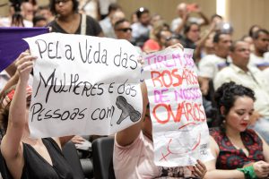 MANIFESTAÇÃO - Representantes do movimento feminista que assistiam à reunião tentaram argumentar em favor do aborto e da descriminalização das drogas. Foto: Nando Chiappetta