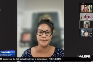 Foto de deputada falando em reunião remota da comissão