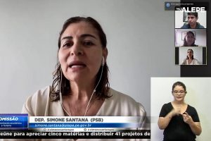 Foto de deputada falando em reunião virtual de comissão