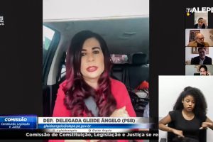 Foto de deputada falando em reunião remota da comissão
