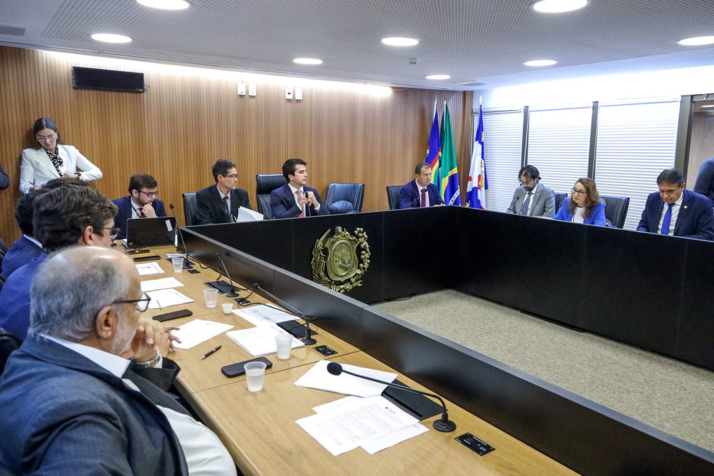 Deputados sentados numa grande mesa demadeira, dividida em tres lados retangulares com o meio vazio, no Plenarinho da Alepe. Uma deputada, de terno azul, fala ao microfone ao fundo, enquanto alguns assessores estão em pé, atrás dos deputados.