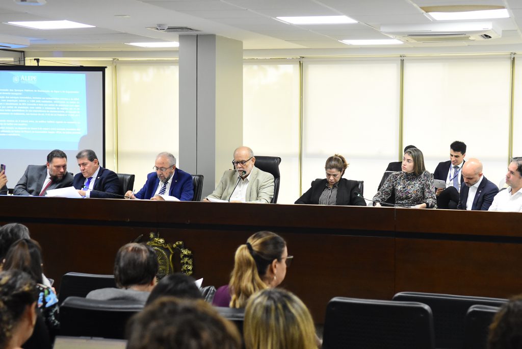 Mesa do auditório Enio Guerra, com deputados e gestores do governo sentados à mesa. Do lado esquerdo um projetor está atrás dos integrantes da mesa. A frente, aparecem algumas pessoas na plateia do autidório, ocupando metade das cadeiras disponíveis.