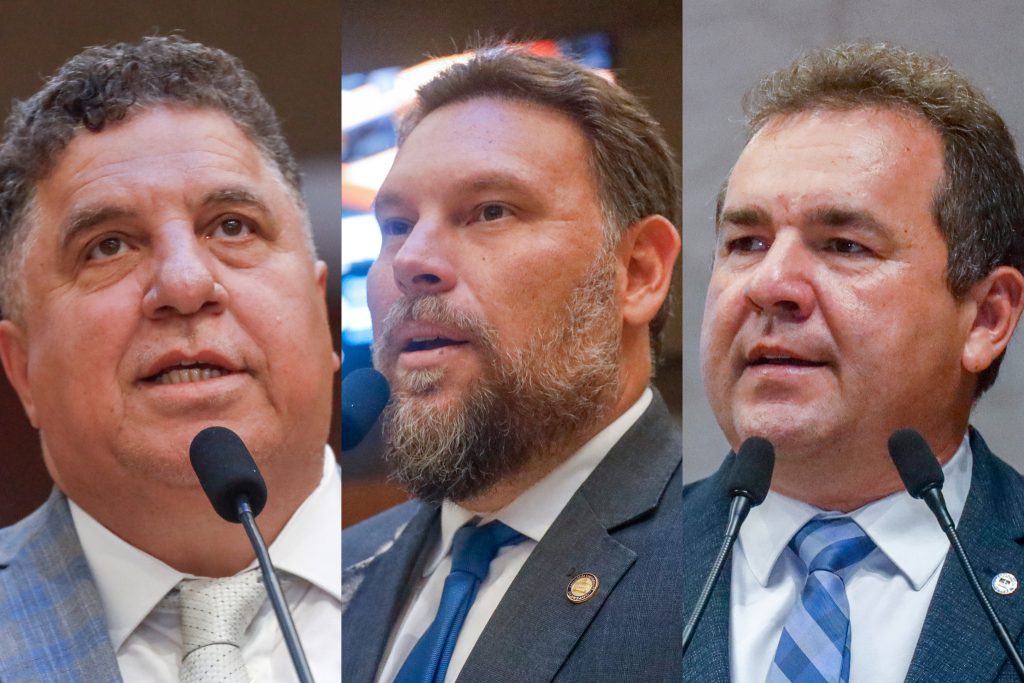 Fotos dos três deputados, usando terno e gravata, falando no Plenário.