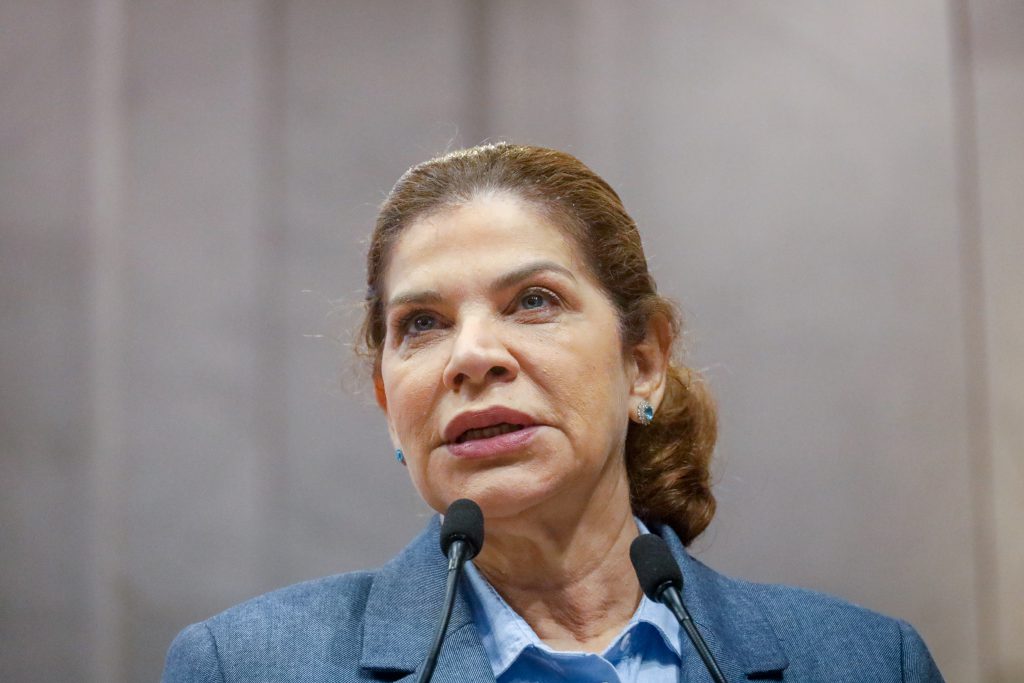 Foto de rosto e ombro da deputada Socorro Pimentel falando no micrfone da tribuna, utilizando blazer cinza e camisa azul clara