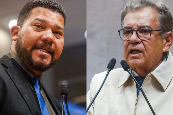 Foto dividida ao meio, com o deputado Abimael Santos à esquerda, usando terno preto e gravata azul, e à direito Antônio Moraes, usando um casaco bege claro por cima do terno