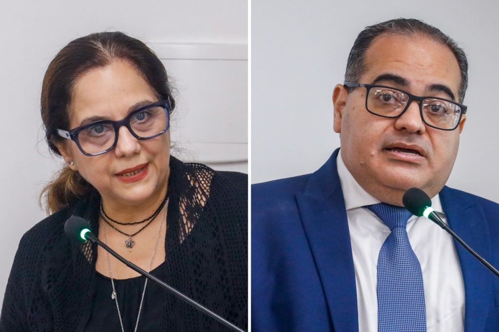 À esquerda, a imagem de uma mulher branca, de cabelos castanhos, longos e crespos, de blusa preta e usando óculos. À direita, um home de terno e gravata, na cor azul, ligeiramente calvo, usando óculos também. 