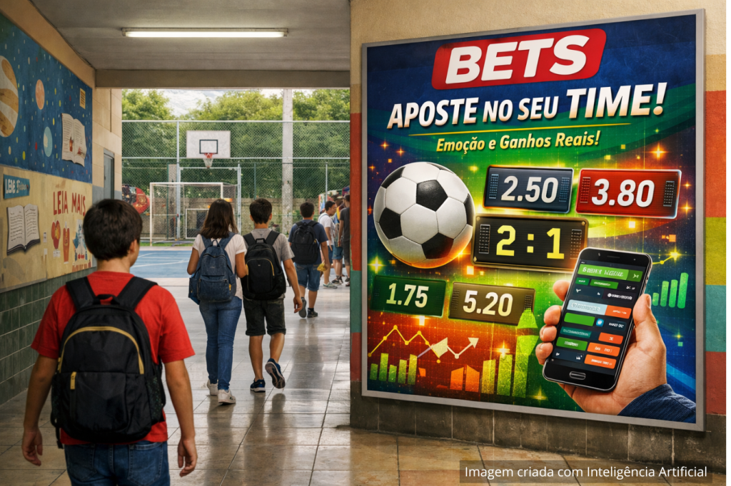 Imagem gerada por inteligência artificial mostra o interior de uma escola brasileira, com alunos circulando por um corredor ou pátio e murais educativos nas paredes. Em destaque, há um painel publicitário de apostas esportivas com temática de futebol, exibindo elementos como bola, placar e números, contrastando com o ambiente escolar e sugerindo a presença inadequada desse tipo de propaganda em espaço educativo