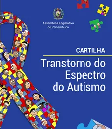 Capa da cartilha Transtorno do Espectro do Autismo. Fundo azul, imagem da fita quebra-cabeça no canto esquerdo e símbolo do brasão da Alepe no espaço superior, centralizado.