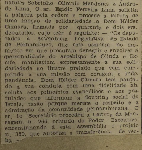 APOIO - Trecho da ata da 80ª Reunião Extraordinária, realizada em 13 de junho de 1968, registrando moção de solidariedade do deputado Egídio Ferreira Lima a Dom Helder. Fonte: Acervo do Arquivo Geral da Alepe/Sup. de Preservação do Patrimônio Histórico do Legislativo.